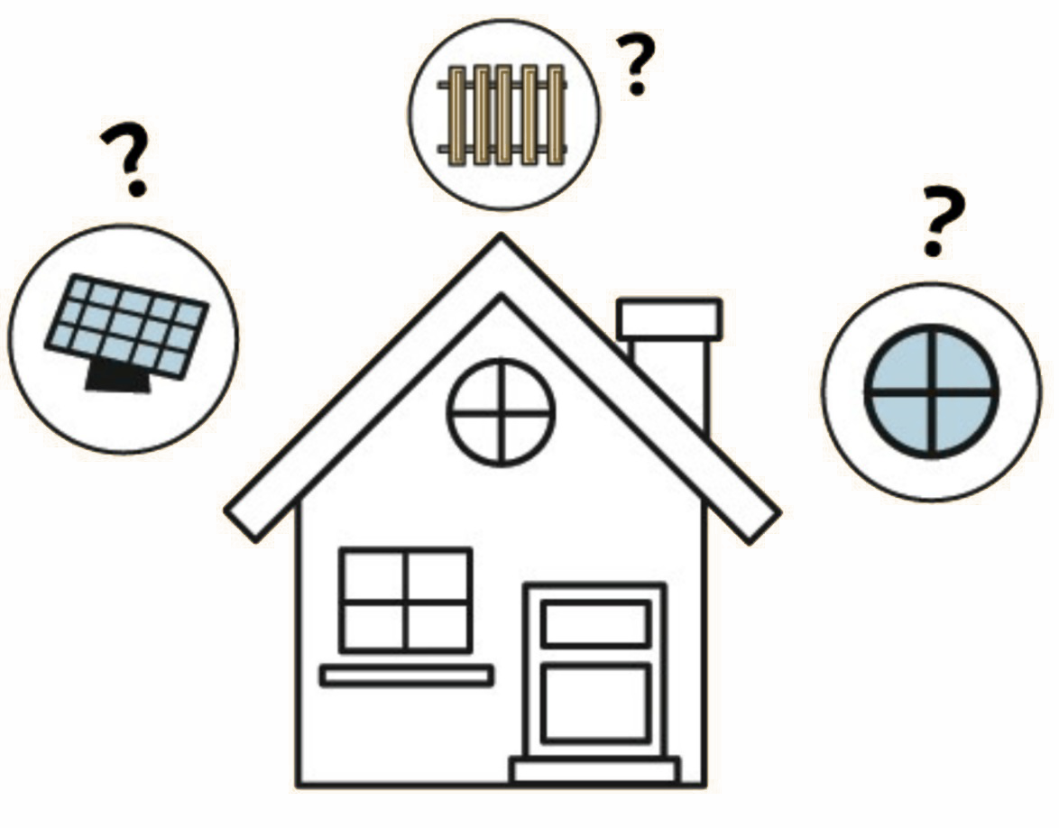 graphic of house with icons representing heating, solar panels etc