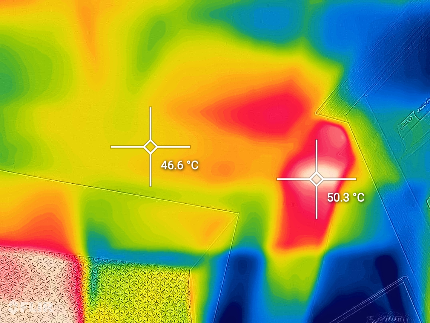 Thermal image showing over 50°C on the ceiling of an Oxfordshire home during a recent heatwave – a clear sign of an uninsulated loft trapping heat in the living space below.