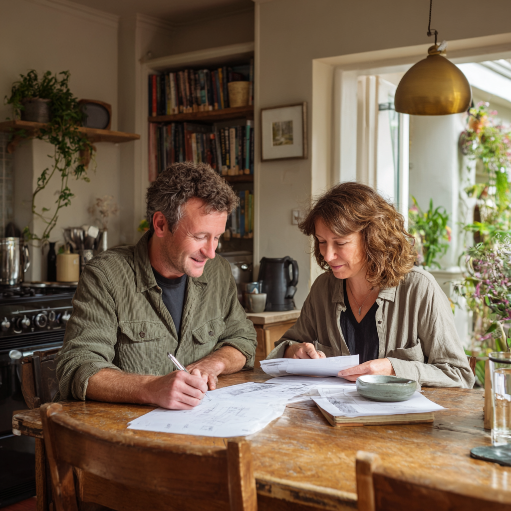Planning to retrofit your home – or thinking about it, but unsure how to fund the work? Couple sitting at table looking through plans and budget