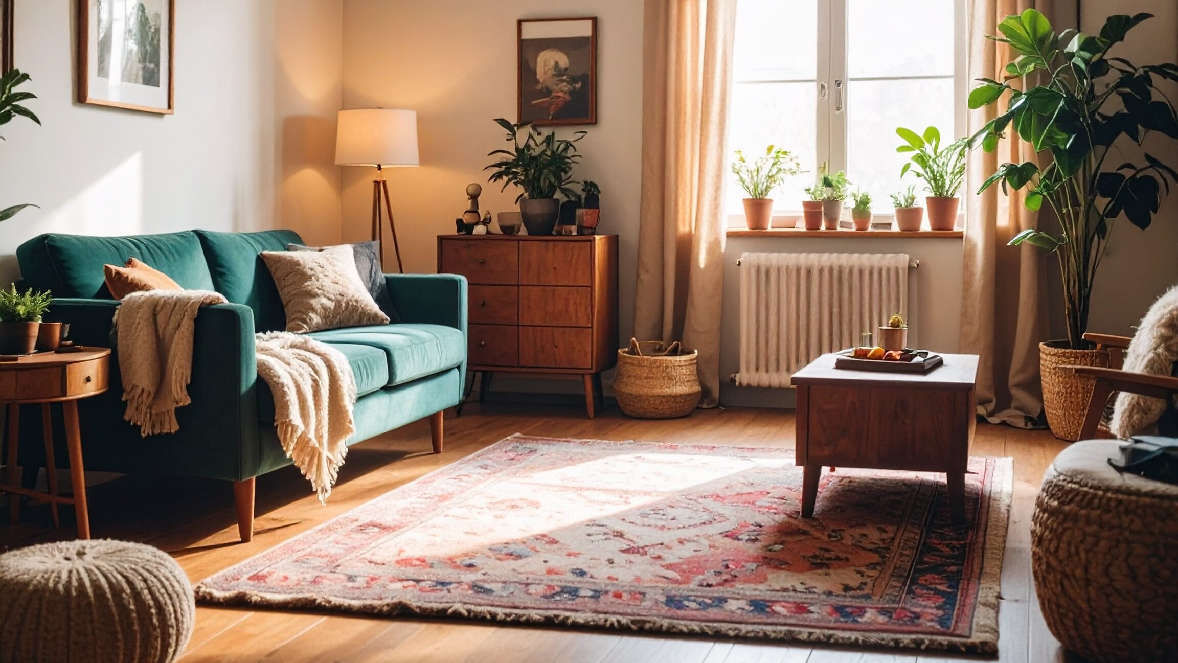A natural, lived-in living room in an ordinary English home. Daylight through a stand